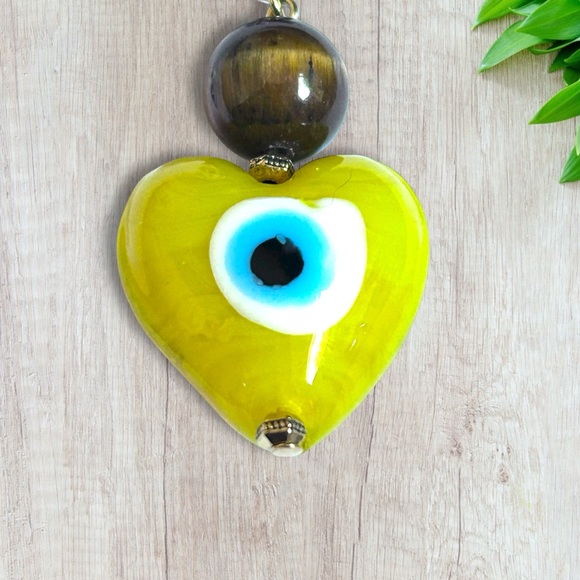 Hand Crafted Purse Pet Charm Tiger’s Eye Yellow Heart Evil Eye Brown Spiritual - Picture 5 of 6